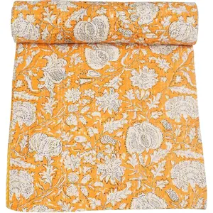 Indian Hippie Floral Print Kantha Indian Cotton Bedding Throw Blanket Bespread Hand Stitched (Yellow, Queen (90"x 108"))