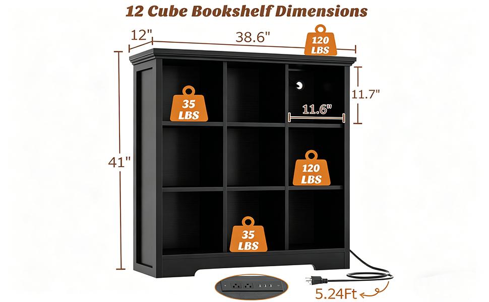 Wooden 9-Cube Storage Organizer with Charging Ports, Modern Cube Bookcase with Base, 4-Tier Floor Standing Open Cubbies Bookshelf for Home and Office