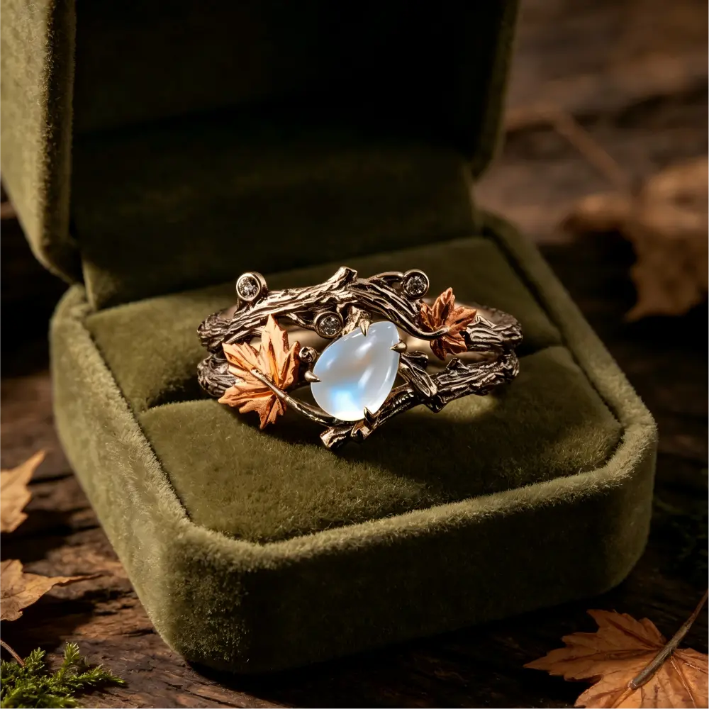 Moonstone Ring Set, 2-Piece Twig & Maple Leaf Statement Band with Teardrop Accent for Women, Casual Promise Jewelry, Female, Twig & Maple Leaf Design, Anniversary, Metal Coating
