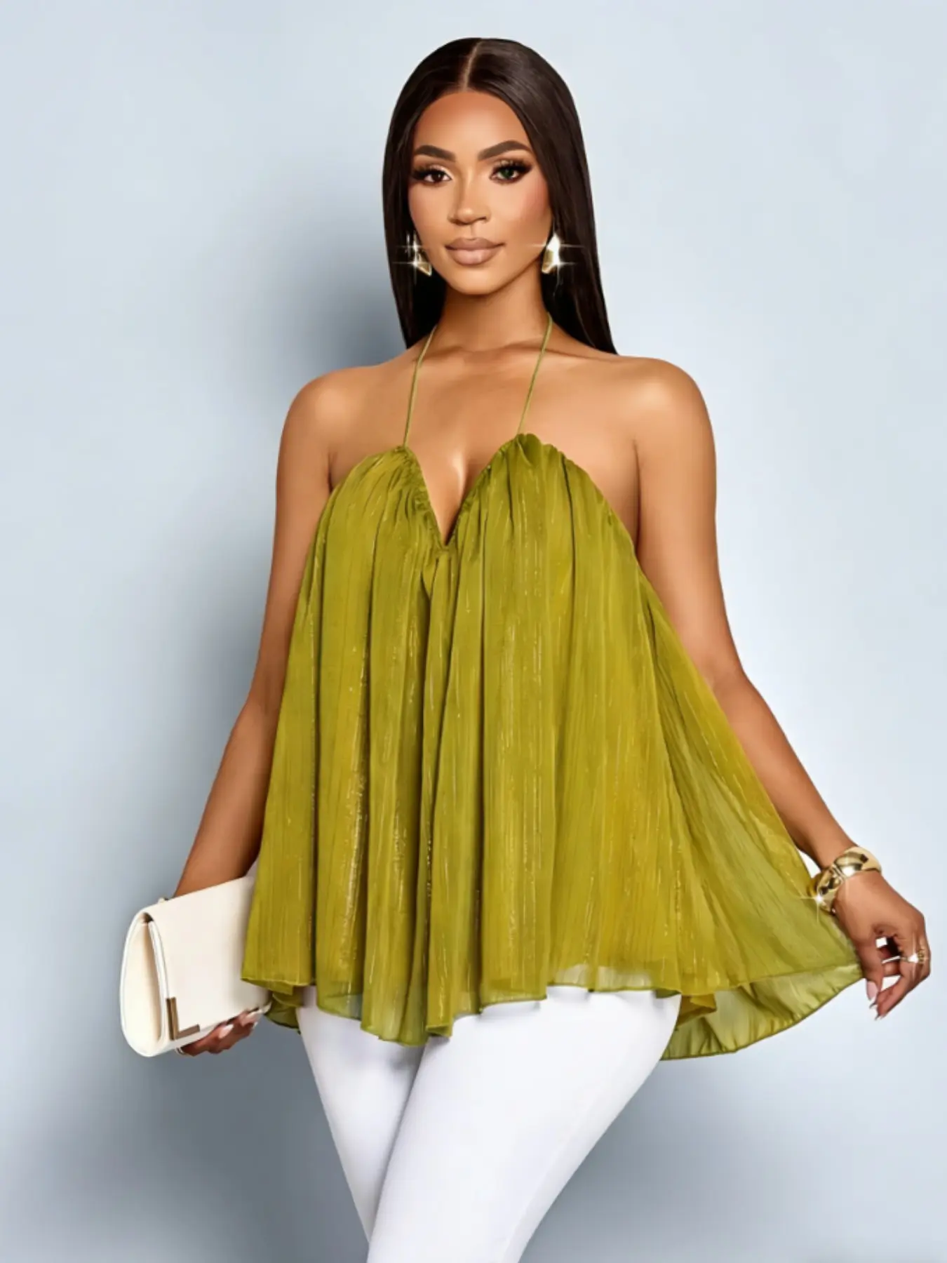 Women's Plus Size Elegant Feminine Deep V-Neck Shimmer Fabric Ruched Thin Strap Layered Halter Top, Stylish and Comfortable