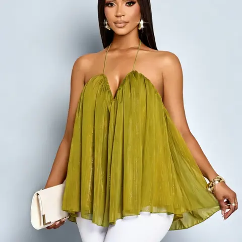 Women's Plus Size Elegant Deep V-Neck Shimmer Fabric Ruched Thin Strap Layered Halter Top, Stylish and Comfortable Strappy Tops