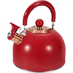 2.6QT Kettle Suitable for Stovetop, Whistling Kettle for Boiling Water, Coffee, or Milk, Red Stainless Steel Kettle with Foldable Handle, Thumb Design for Controlling Spout