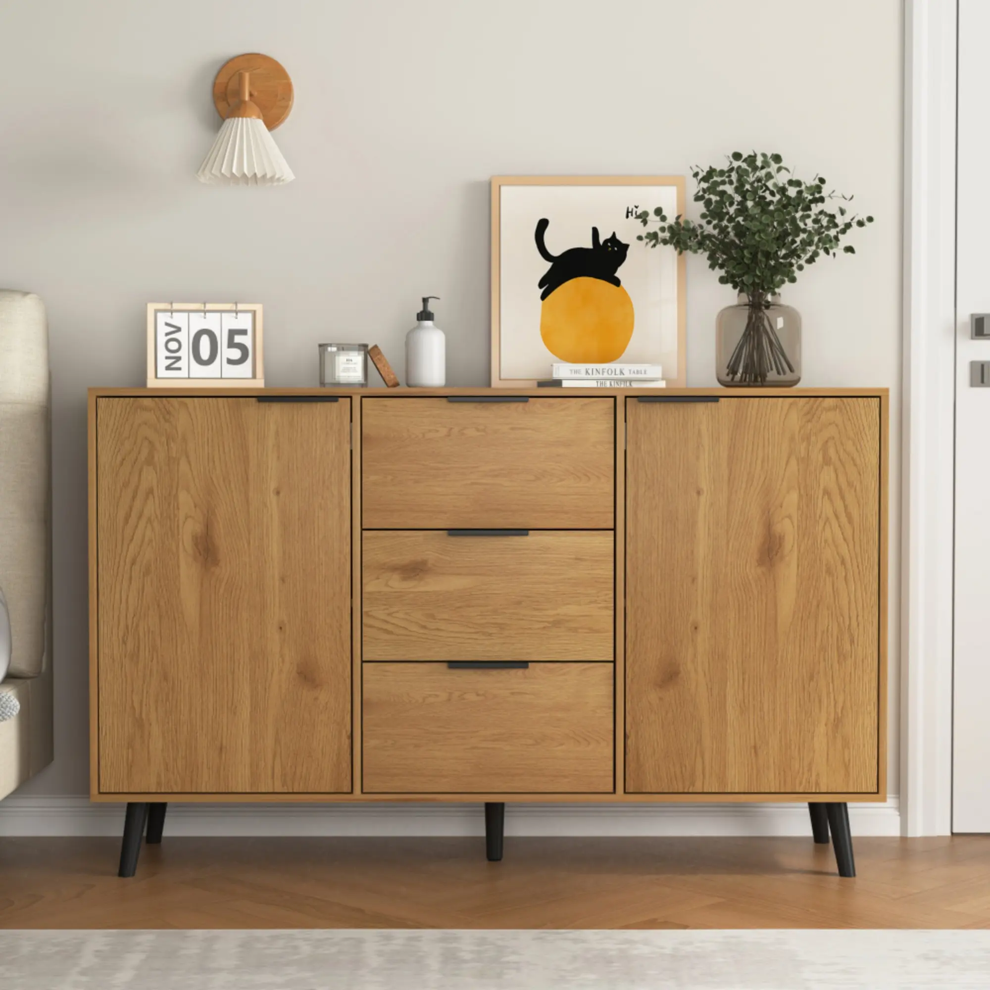 queen sized bunk beds Sideboard Buffet Cabinet with Storage, Wood Coffee Bar Cabinet, 47.2" Kitchen Cabinet with 3 Drawers & 2 Doors, Kitchen Buffet Cabinet Cupboard Natural Wood Color