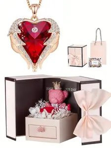Love heart necklace and bear flower bouquet gift box for women, jewelry with birthstone pendant, suitable gift for Christmas, Valentine's Day, Mother's Day, birthday, anniversary, Fashionable Jewelry, Heart Design Necklace, Necklace for Daughter