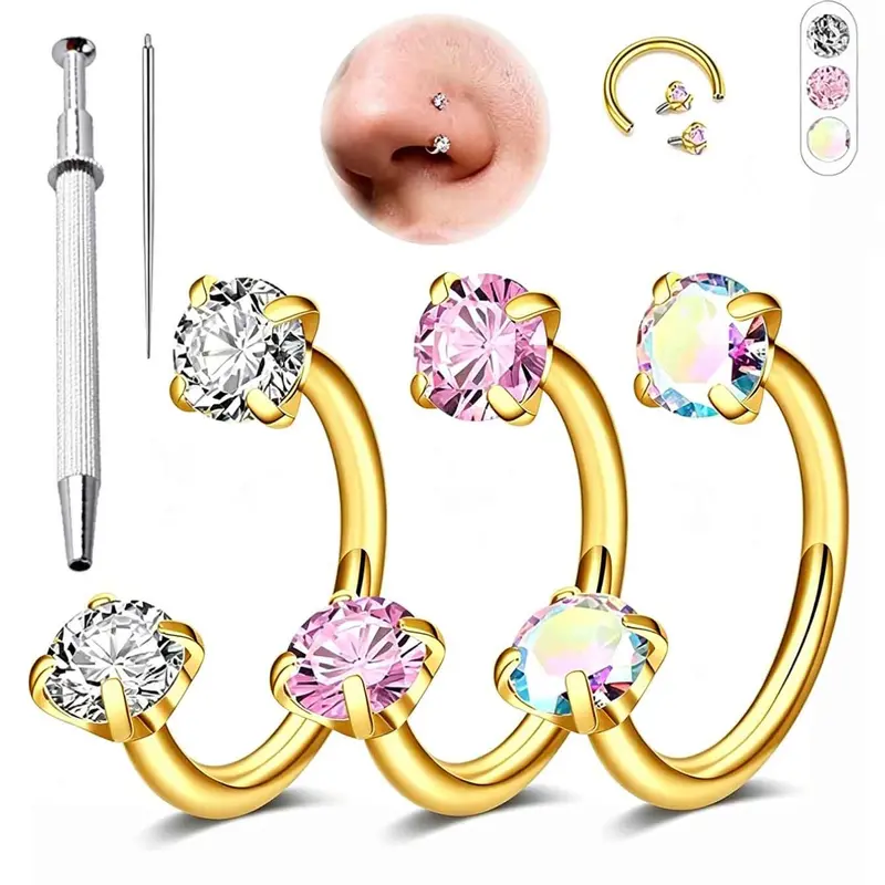 Stainless Steel Horseshoe Nose Rings Hoops with CZ 3Pcs Set, 20G Screw-On Septum Pierced Ring with Insertion Tool, Hypoallergenic Nose Piercing Jewelry for Women Men, Versatile for Nose/Lip/Ear Piercings