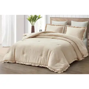 Nora Light Sand Comforter Queen Size 3-Lightweight Fluffy Lightweight Ruffled Edge Trim-Washed Microfiber Comforter for