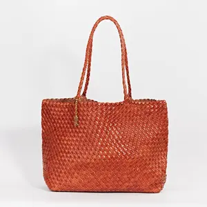 Estrella Handwoven Soft Leather Carryall Tote – Large Woven Work Bag with Zip Pouch, Minimal Designer Shoulder Bag, Everyday Travel Tote by YNYG