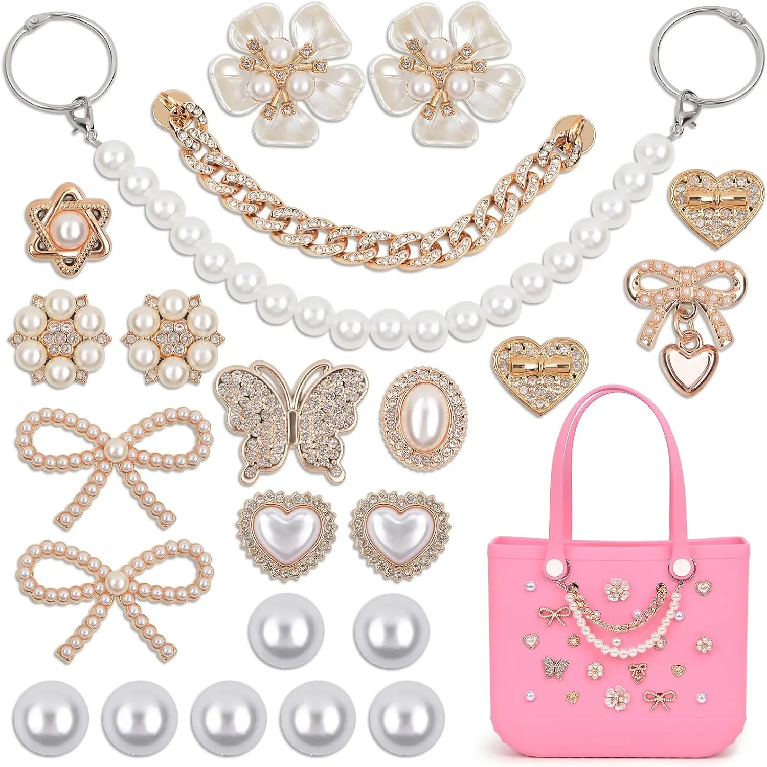 23Pcs Pearl Charms for Bogg Bag, Chain Charms for Bogg Bag Accessories, Bow, Butterfly, Pearls, Flowers, and Heart Accessories, Compatible Simply Southern Rubber Beach Tote Bags