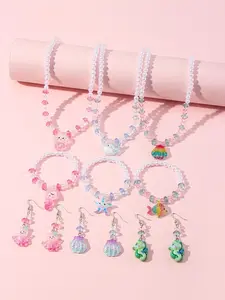 4pcs/set Acrylic Ocean Animal Pendant Pearl Bead Necklace Bracelet Set, Cute Butterfly Pattern, All Seasons, Perfect Gift for Girls
