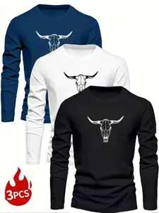 Men's 3-Piece Knit Bull Print Round Neck Long Sleeve T-Shirt Set, Graphic, Fitted Casual Fashion, Soft Handfeel, Comfortable Streetwear