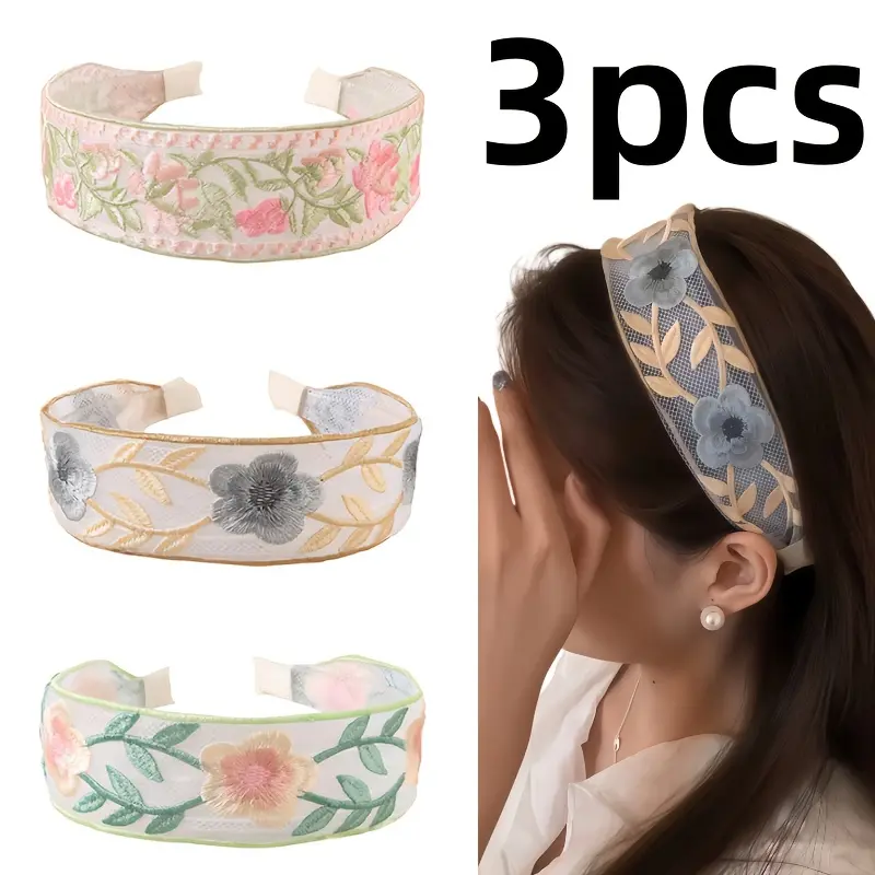 3 Pcs Floral Embroidered Headbands Cute Spring Wide Head Bands Summer Fashion Hairband Non Slip Ethnic Style Accessories for Girls Women