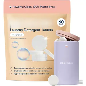 Laundry Detergent Tablets, Starter Set, 60 Count with Tin, Plastic-Free  Pods, Sheets, Liquid Alternative -  Free and Clear, , Gentle