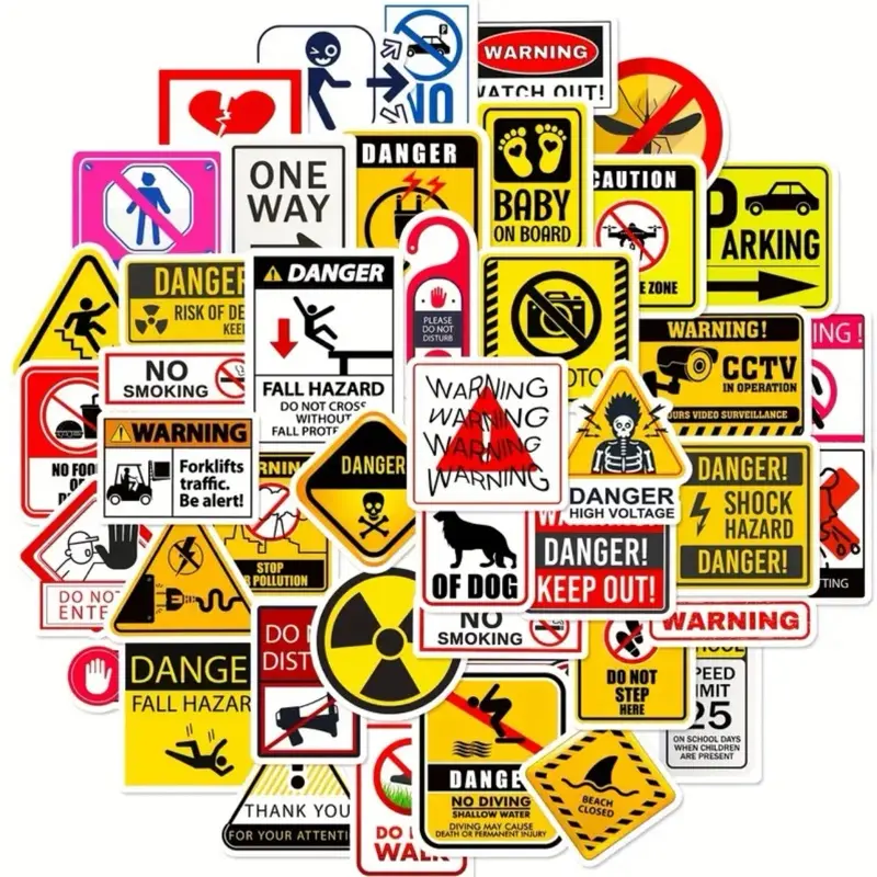 50 PCS, Warning and Safety Signs Stickers. Great for Hard Hats, Tool Boxes, Water Bottles, Class Projects.  Waterproof and No Duplicates