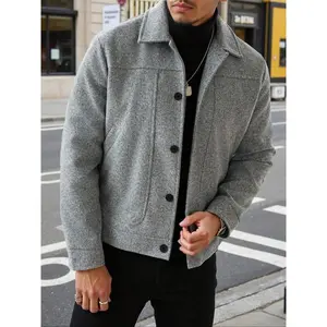Men’s Wool Jacket Coat, Solid Color Overcoat, Front Button Design, Long Sleeves, Pockets, Casual Warm Wear for Autumn/Winter, Perfect Gift for Him
