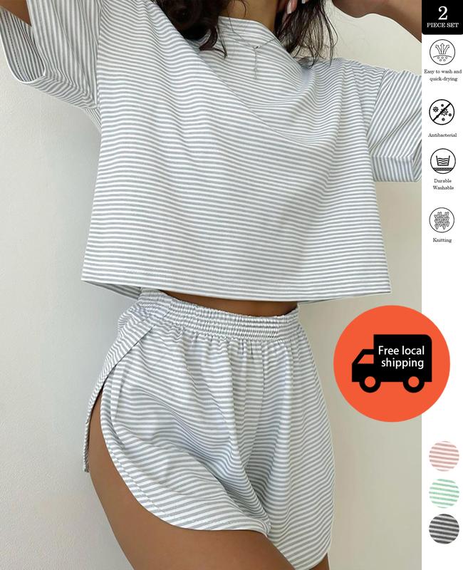 Two-piece set Simple Four Seasons Spring and Summer Contrast Stripes Casual Loose Knit Short Sleeves Tops Side Slits Shorts Home Clothes Set Suitable for Home Use Silk Satin Lace Pajama Set pajamas Striped Beach organic fabric
