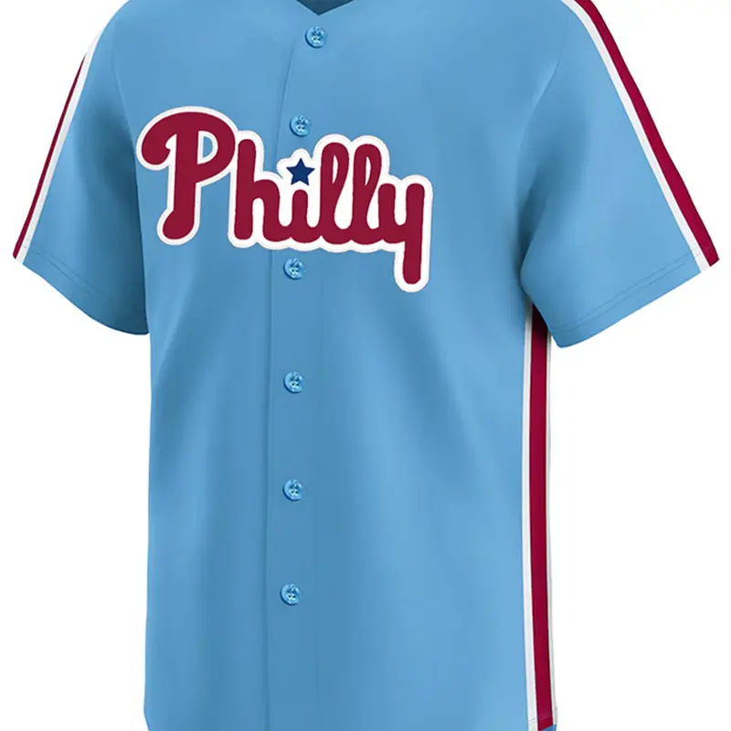 Men's 3 Blue Embroidery Sportswear Button Front Baseball Jersey, Regular Fit Casual Sporty Top Short Sleeve V Neck Sports Tops Baseball Top, Baseball Shirt for Daily Wear, Men's Clothes for All Seasons, Sports Clothing, Fan Sportswear Top