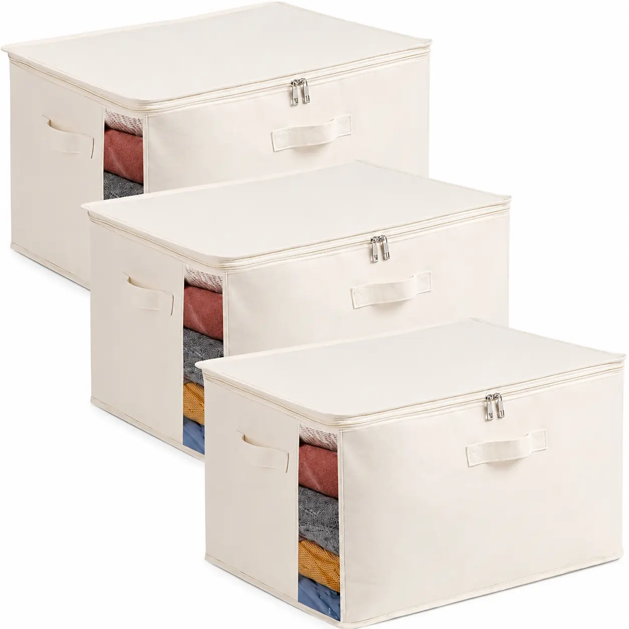 Canvas Comforter Storage Bags 2 or 3 Pack Large Dual Zipper 3 Carrying Handles Clothes Sweater Organizer Blanket Storage Container for Closet Under Bed Travel