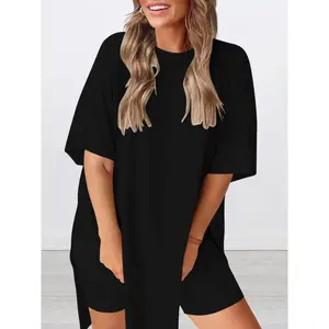 chicfade Women's Solid Color Open Front Longline Shirt & Shorts Two-Piece Set, Casual Fashion Cozy Breathable Two Piece Outfits for Daily Outdoor Wear, Ladies Clothes for Summer, Pajama Loungewear Nightwear