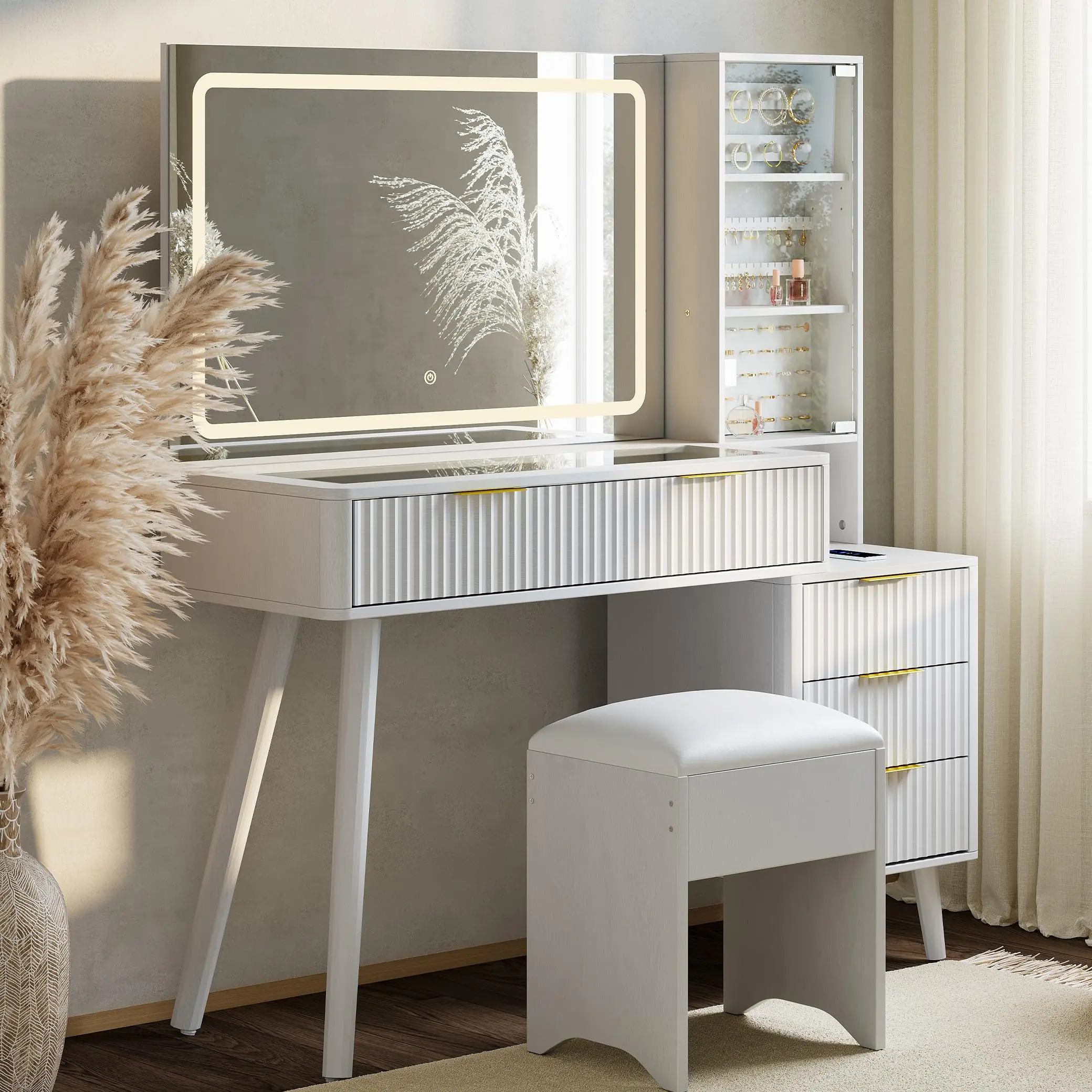 Garvee Modern Makeup Vanity - Built-in LED Light Bar, 3 Color Settings Ambient Lighting, Adjustable Multi-Color, Glass Top, Storage Drawers for Bedroom Indoor Furniture, Adjustable Multi-Color Makeup Vanities