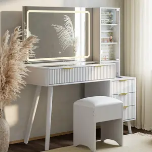 Garvee Makeup Vanity with Mirror and LED Lights, 3 Color Settings, Storage Drawers, and Glass Top Dressing Table for Bedroom