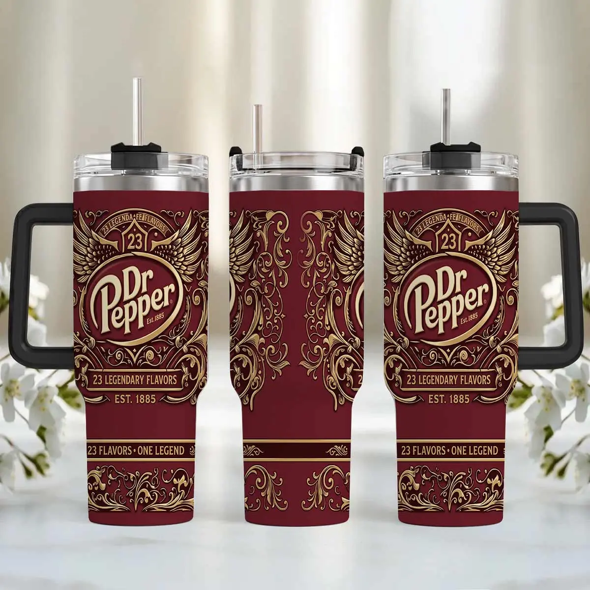 Dr Pepper 40oz Tumbler with Handle, Vintage Luxury Travel Mug, Ornate Stainless Steel Cup, Soda Lover Gift