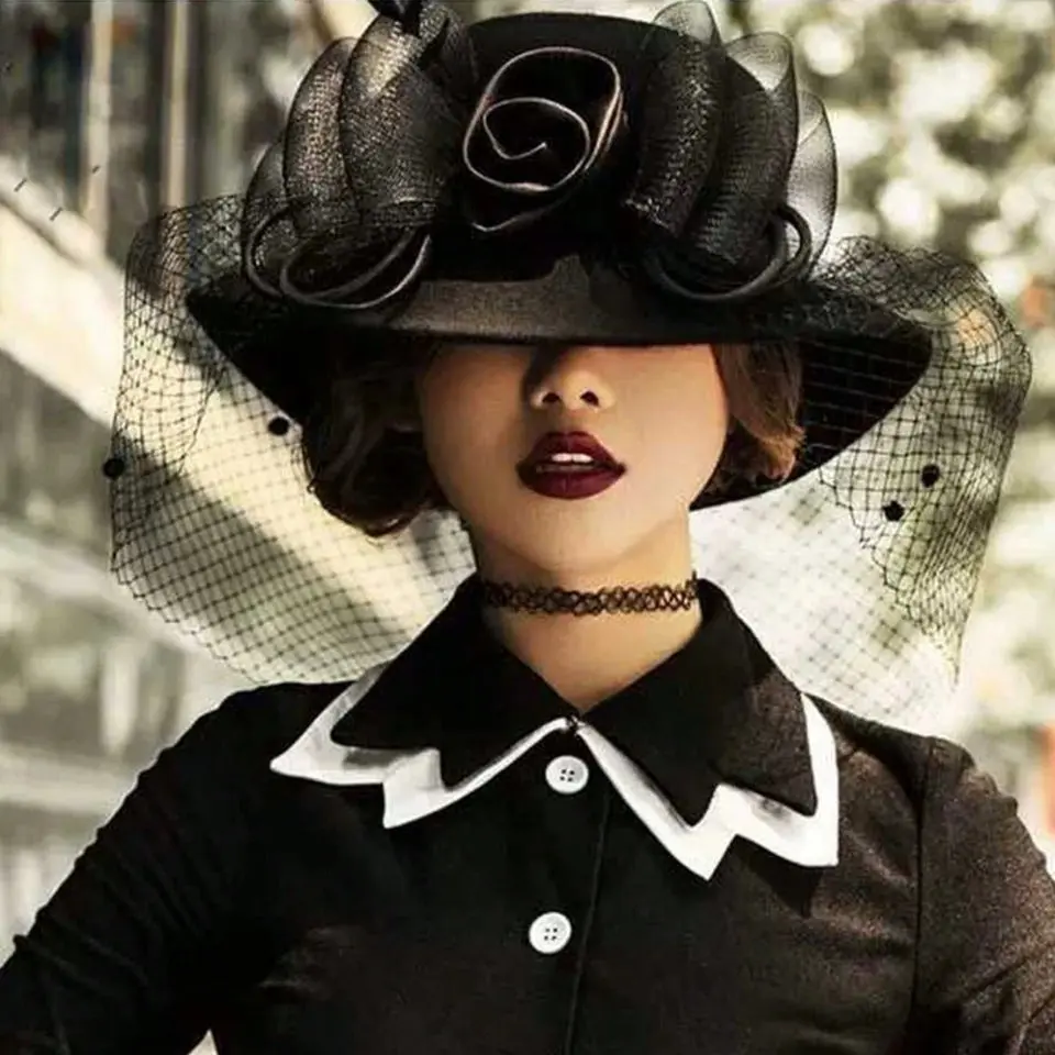 1PC Vintage Black Organza Mesh Floral Pillbox Fascinator Hat, Elegant Retro Veil Formal Headwear For Derby Tea Party Wedding Banquet