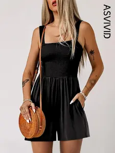 Women's Plain Pocket Shirred Tank Romper, Fashion Casual Square Neck Sleeveless Romper for Daily Outdoor Wear, Ladies Clothes for Summer