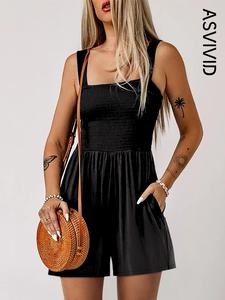 women's plain pocket shirred tank romper, basic fashion casual square neck sleeveless romper for daily wear, summer rompers, pleated jumpsuitwomen, playsuits for women, romper jumpsuit for women, ladies clothes for summer, womenswear, boho casual romper