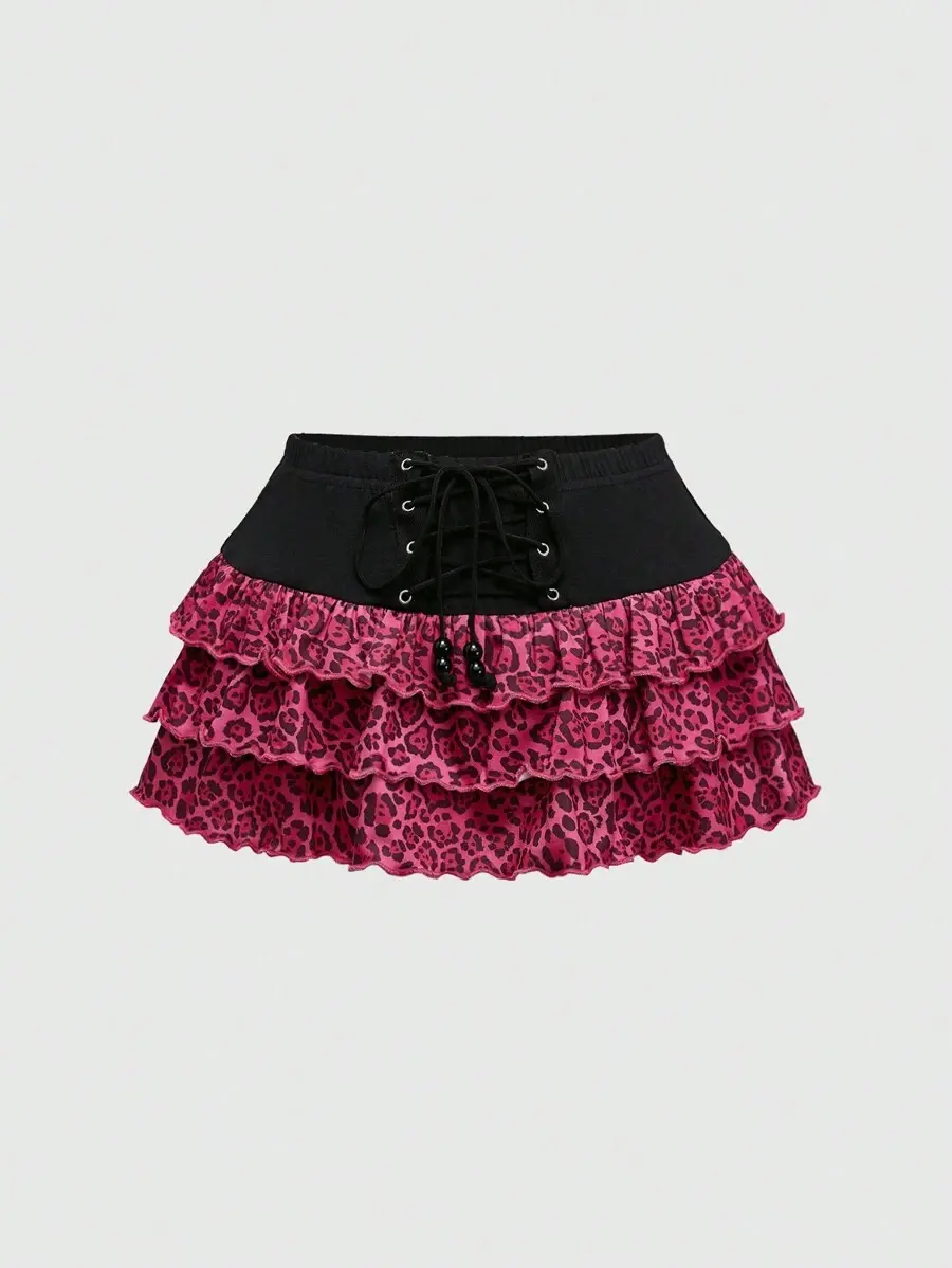 Sable x Spring/Summer Vintage Y2K Hot Pink Leopard Print Layered Ruffle Drawstring Waist Skirt