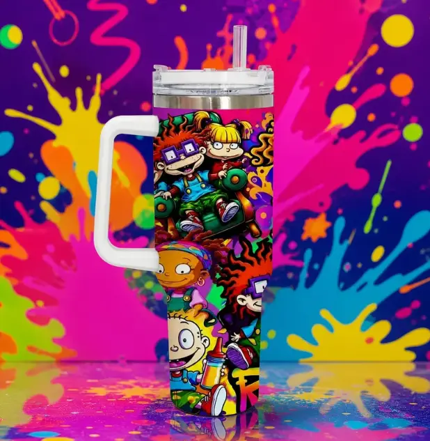 [Rugrats Pattern, 90s Animated Graphic Aesthetic & Drinkware Vibe] 40oz Stainless Steel Vacuum Insulated Tumbler, Travel Water Bottle - Gift for Him