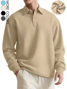 Men's solid-colored long-sleeve lapel top with jacquard texture, button-adjustable neckline, clear 3D jacquard, relaxed fit, textured and soft, suitable for daily casual, campus—a versatile classic men's jacquard long-sleeve top, Shirts