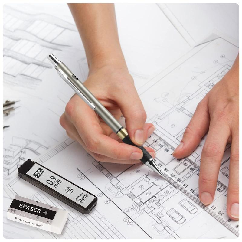 FourCandies 25PCS Art Mechanical Pencil Set with Case, 3PCS Metal Artist Lead Pencil 0.5, 0.7, 0.9 mm & 3PCS 2mm Lead Holder(HB 2H 2B 4B Color) with 432PCS Graphite Lead Refills for Drawing Sketching