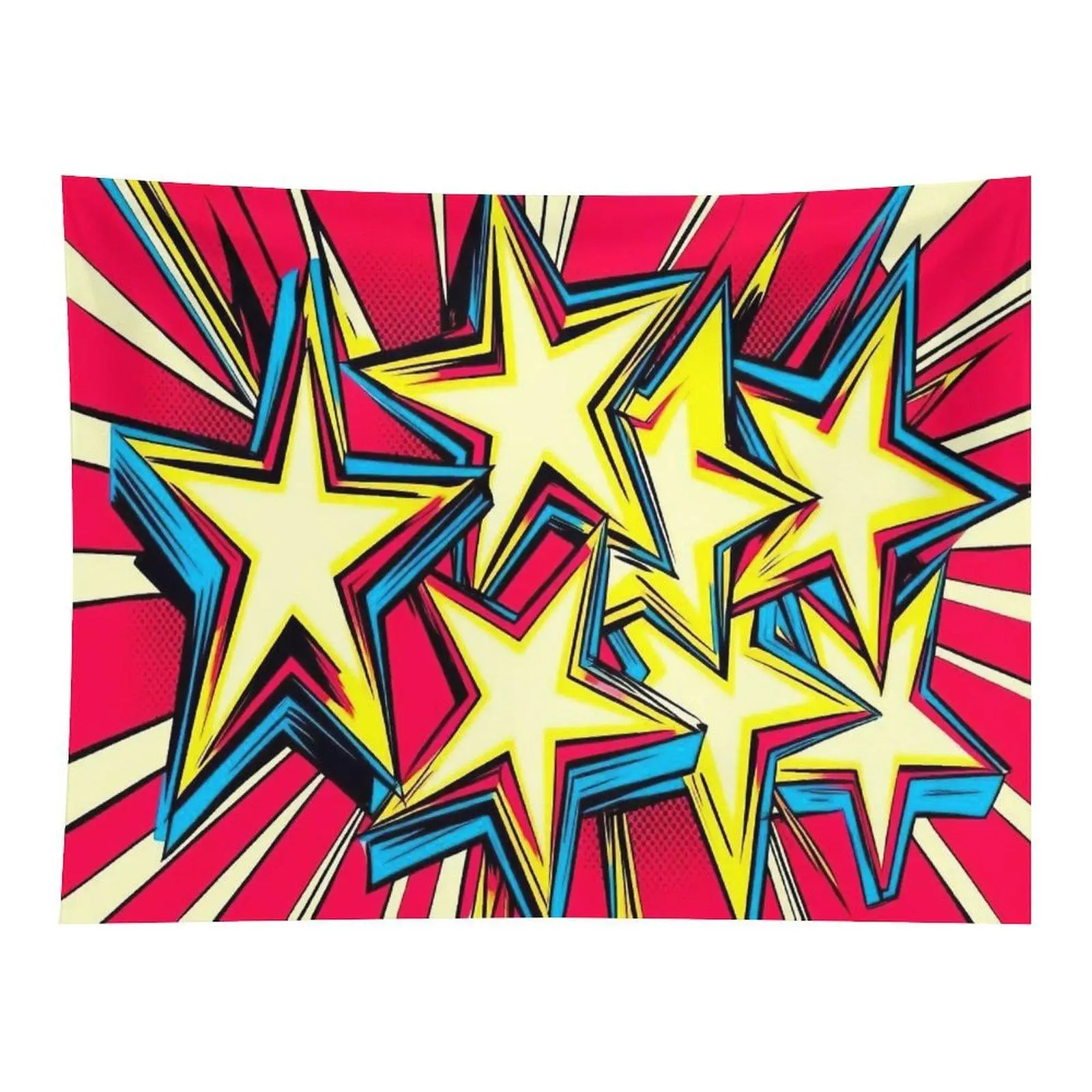 Red Comic Burst Yellow Stars Pop Art Wall Tapestry Wall Hanging, Retro Cartoon Explosion Graphic Bright Primary Color Decor for Teen Boys Gaming Bedroom Dorm Backdrop