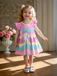 Girl's Unicorn Print Ruffle Trim Sweater Dress, Cute Casual A Line Dress for Daily Outdoor Wear, Kids Clothing for Summer, Striped Dress, Printed Dress, Children