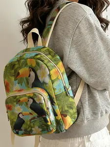 1pc Toucan and Floral Pattern 2D Printed Women's Backpack, Velvet Texture + Layered Storage + Lightweight Comfort | Perfect for Students to Class/Shopping/Short Trips | Combines Atmosphere and Practicality