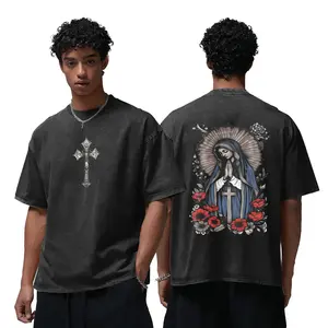 Valentine shirts Virgin Mary Graphic T-shirt, Washed Black Heavy Cotton, Gothic Streetwear, Trendy T-shirt