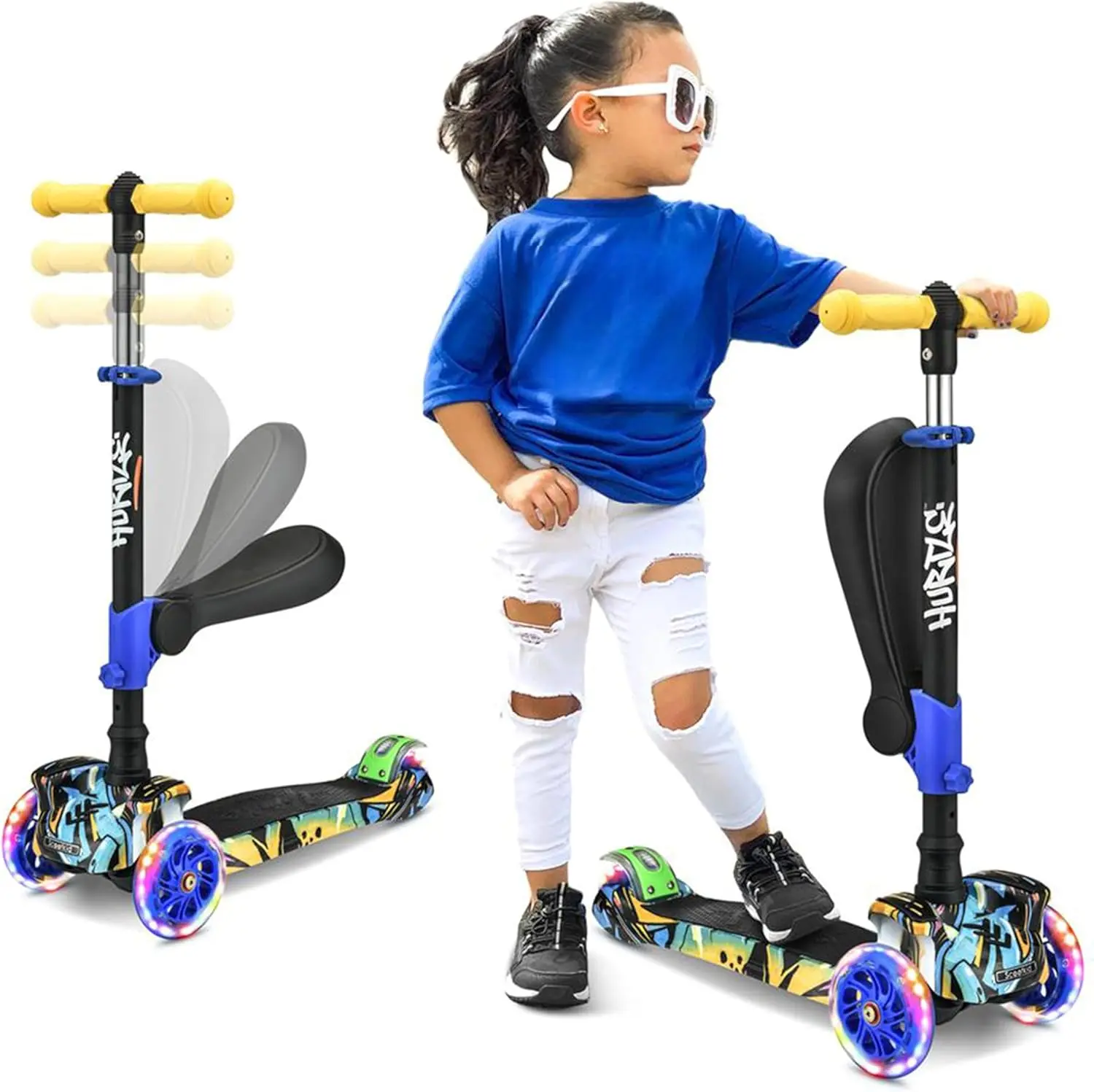 Mini Kids Scooter - Blue  | 3-Wheel Kick Scooter with Sit or Stand with Removable Fold-Out Seat - Adjustable Height, LED Wheels, Anti-Slip Deck & Lean-to-Steer Technology - Portable Toddler Scooter for Indoor & Outdoor Play