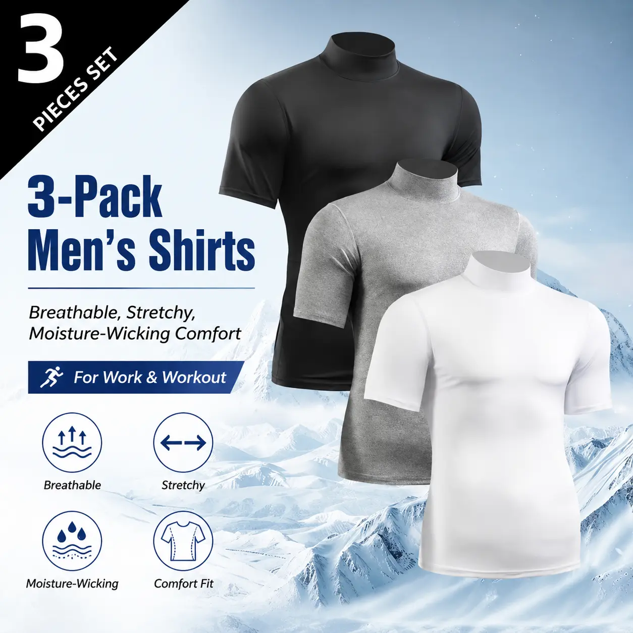 3pcs Men'S Black Short Sleeve T-Shirts - Stretchy Slim-Fit High-Neck Round Neck Tops, Breathable Muscle-Enhancing Gym Shirts for Fitness, Running & Casual Attire, Solid Color Athletic Tees with Smooth Texture, Spring/Autumn Comfort Clothing (Men'S F winte