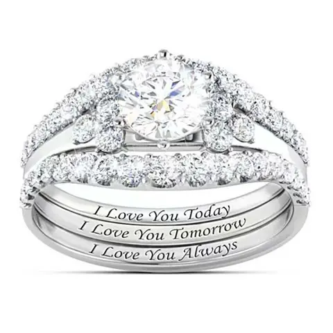 Zircon Fashion 3-Piece "I Love You" Letter Rings Set, Unisex Artificial Gemstone Promise Ring GF, Adults' Accessories, Adults' Gifts, Matching Wedding Jewelry Set