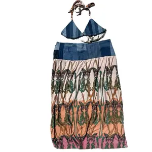 Denim Patchwork Skirt with Butterflies Matching Top - Boho Style, Trendy Design, Cotton Material, Size Medium, Machine Washable