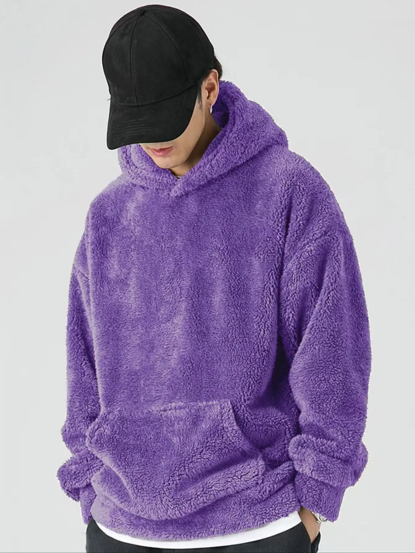 New Fall Winter Plush Hooded Plain Loose Oversized Sweatshirt, Long Sleeve, Soft Thick Fabric, Windproof Skin-Friendly Warm Pullover Jacket, Couple Casual Wear Tops