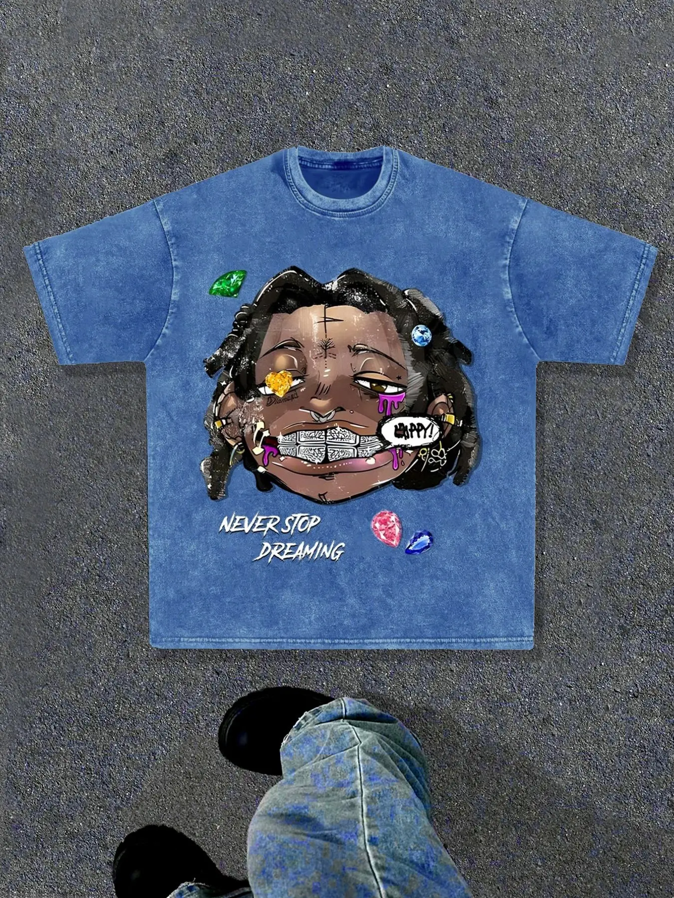Cotton short sleeved cartoon black dirty braid unisex, printed pure cotton Crewneck t-shirt, portrait printed shirt for men, American retro street fashion brand casual summer short sleeved Y2K, Streetwear Round Neck, Casual Summer Clothing, Menswear