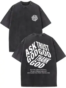 Y2K Retro Personalized Men's Washed Cotton T-Shirt Top. Ask God, Believe in God, Thank God, but the Lord is faithful. Street-style fun pattern, sporty fashion trend, loose and casual. Perfect for celebration parties and holiday gifts.
