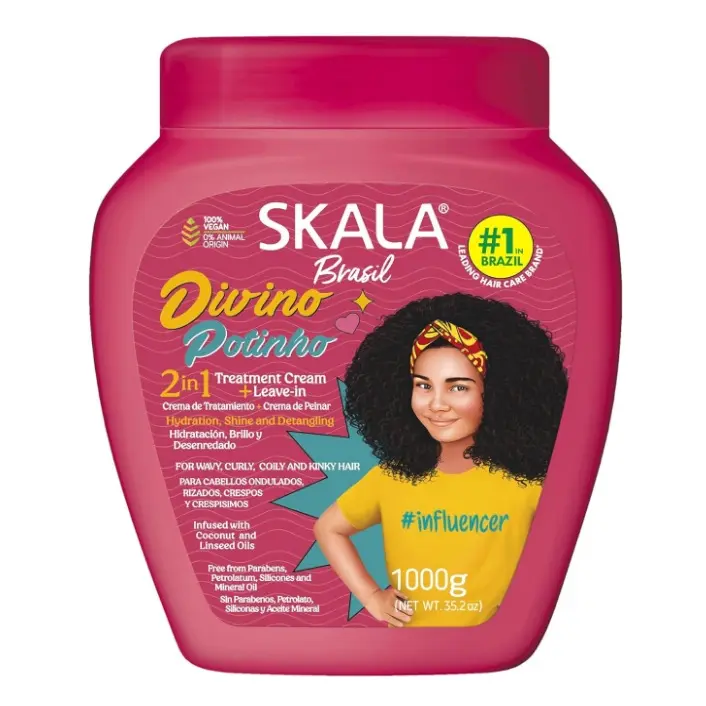 Skala Divino Potinho 2-in-1 Kids Detangling Cream and Leave-In Conditioner for Curly Hair, Moisturizing Treatment with Shea Butter, 35.2 oz, Silicone‑Free