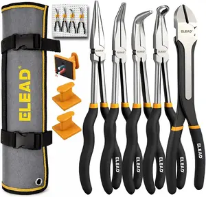 5-Piece 11 Inch Long Needle Nose Pliers Set with 4 Magnetic Plier Racks, Extra Long Reach Pliers Set, 45° & 90° Bent Needle Nose Pliers, Circle Nose and Diagonal Pliers for Tight Spaces