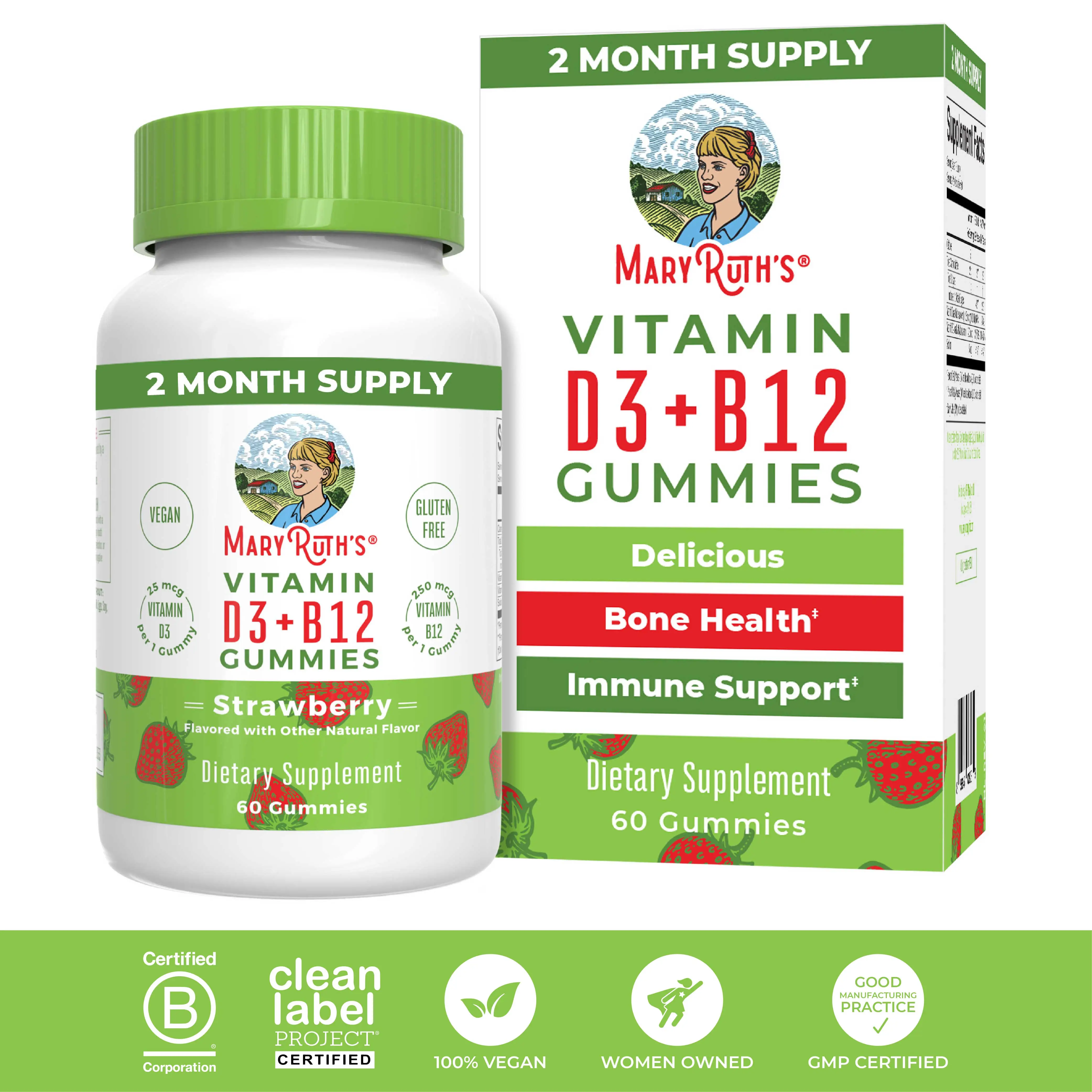 MaryRuth's Vitamin D3 + B12 Gummies - 2 Month Supply - Bone Health - Immune Support Supplement - Energy - Methyl B12 - Vegan - Non-GMO - 60 Servings