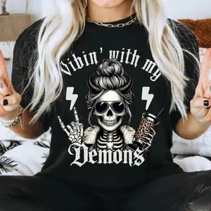 Women's Fitted Casual Short-Sleeve Round Neck Gothic Skeleton Tee, Dark Humor Proverbs "With My Demons" Streetwear Sports Top with Check Prints