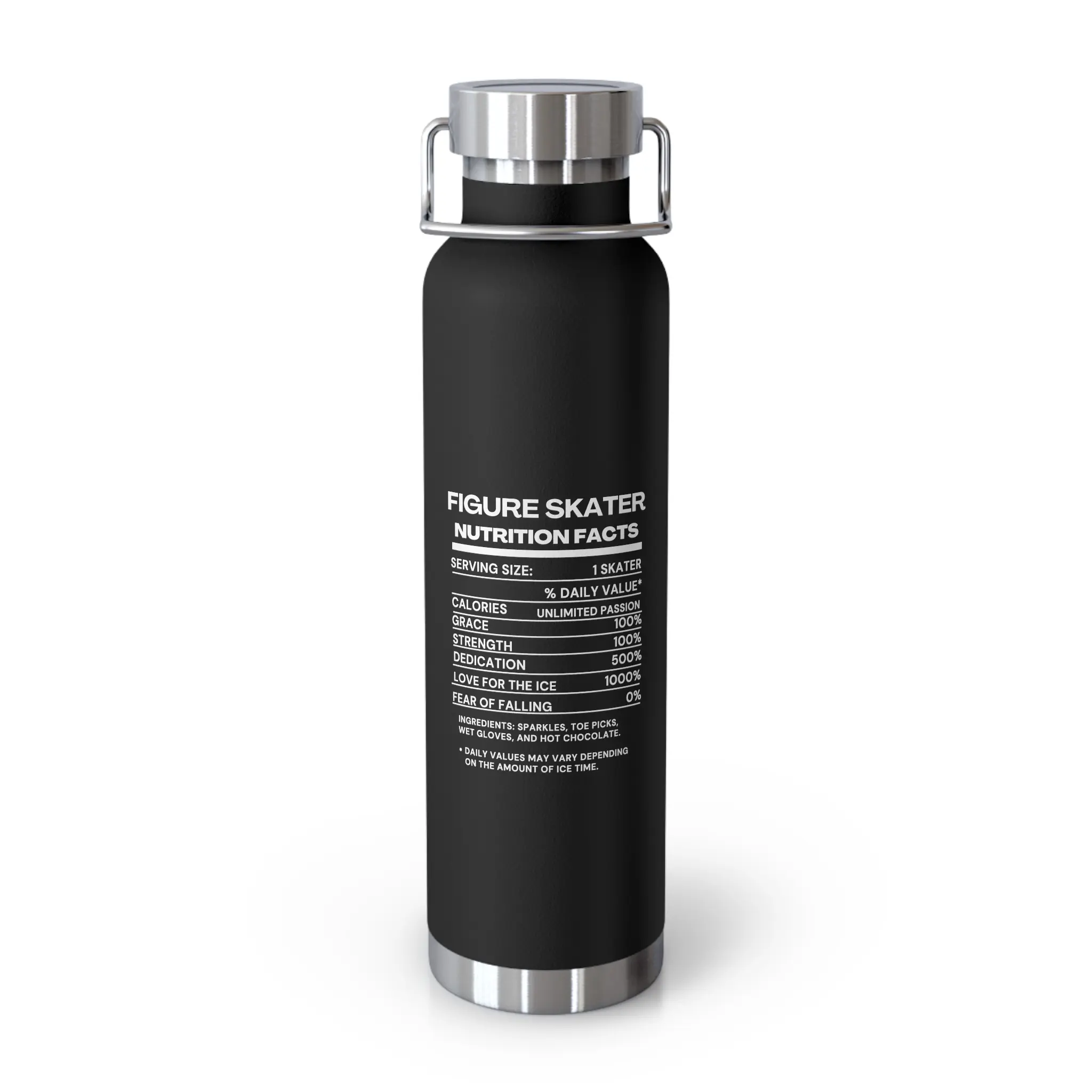 Figure Skater Nutrition Facts (White Font), 22 oz. Copper Vacuum Insulated Bottle | Funny Skater Gift | Figure Skating Water Bottle.