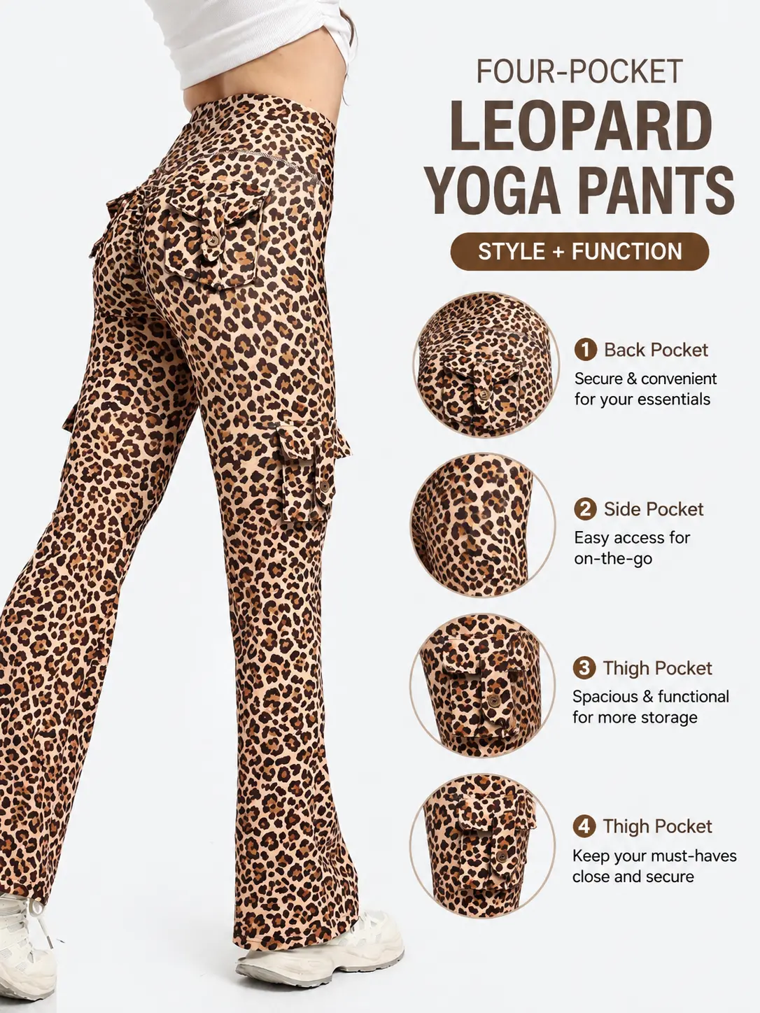 Women's Leopard Print High-Waisted Flare Cargo Leggings with Hidden Scrunch, Cargo Pockets, No Front Seam, Spandex Fabric, Sporty Chic, Fitness Gym Clothes, Athleisure Bottoms, Athleisure Leggings