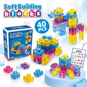 40PCS Soft Silicone Squishy Jelly Building Blocks, Stretchy Stacking Sensory Fidget Montessori STEM Toys for Toddlers 3+ Year Old, Non-Toxic BPA-Free Creative DIY Educational Construction Set, Preschool Kindergarten Birthday Christmas Gift for Boys Girls